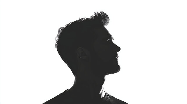 black and white photo depicts the silhouette profile portrait from above of an attractive man with short hair, looking slightly to his right side