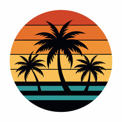 Retro vintage sunset of palm trees striped circle vector illustration on white background