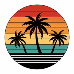 Retro vintage sunset of palm trees striped circle vector illustration on white background