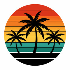 Retro vintage sunset of palm trees striped circle vector illustration on white background