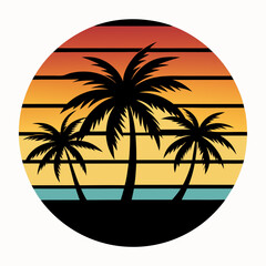 Retro vintage sunset of palm trees striped circle vector illustration on white background