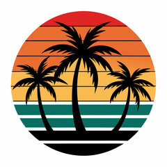 Retro vintage sunset of palm trees striped circle vector illustration on white background