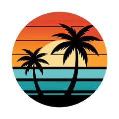 Retro vintage sunset of palm trees striped circle vector illustration on white background