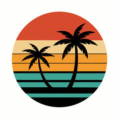 Retro vintage sunset of palm trees striped circle vector illustration on white background