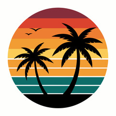 Retro vintage sunset of palm trees striped circle vector illustration on white background