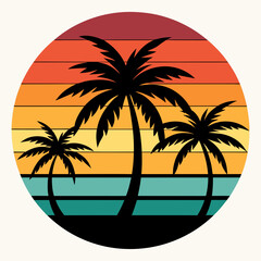 Retro vintage sunset of palm trees striped circle vector illustration on white background