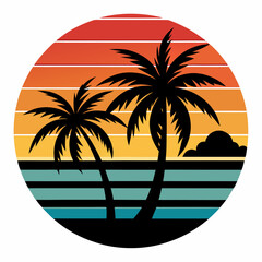 Retro vintage sunset of palm trees striped circle vector illustration on white background