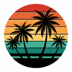 Retro vintage sunset of palm trees striped circle vector illustration on white background