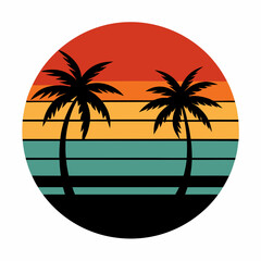 Retro vintage sunset of palm trees striped circle vector illustration on white background