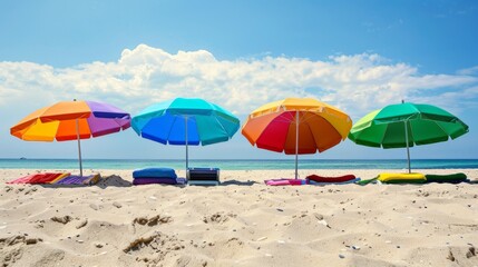 colorful beach umbrellas stuck in the sand generative ai