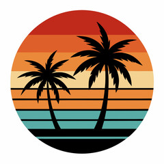 Retro vintage sunset of palm trees striped circle vector illustration on white background