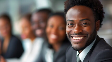 Fototapeta premium Smiling and gesturing while explaining a point - Photos of happy African-Americans in business negotiations