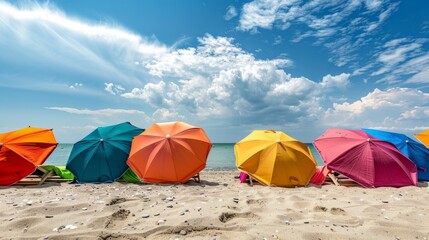 colorful beach umbrellas stuck in the sand generative ai