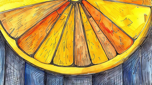  Orange slice on blue and yellow background with yellow circle centr