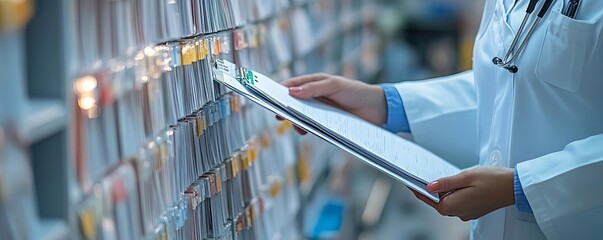 A medical professional reviews patient files in a healthcare facility, showcasing organization and efficiency in medical records management.