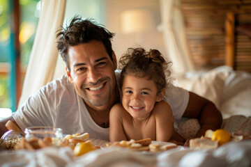 Dad receiving a surprise breakfast in bed from his kids on a special morning