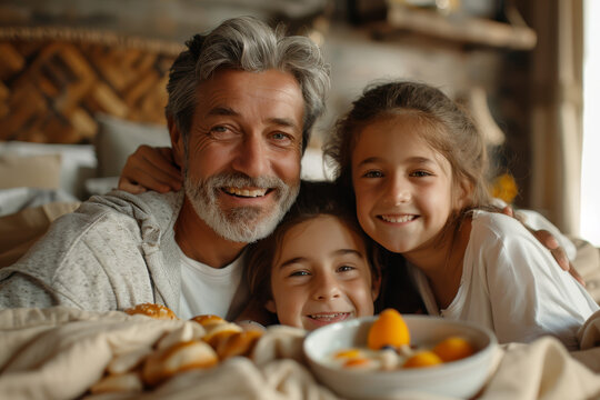 Dad receiving a surprise breakfast in bed from his kids on a special morning