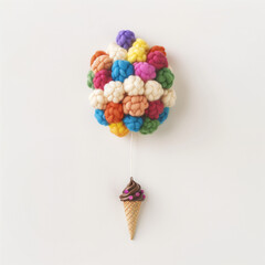 A cute illustration shows an arm holding woolen-ball balloons in soft pastel colors, with fluffy textures resembling cotton candy or feathers, against a white background.