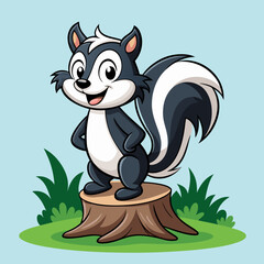Cartoon skunk posing on tree stump vector illustration 