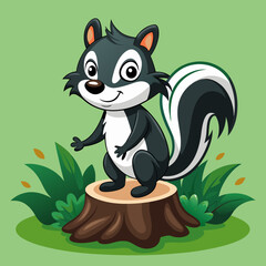 Cartoon skunk posing on tree stump vector illustration 