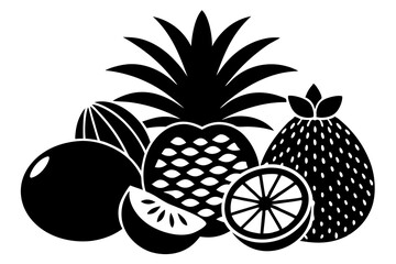Tropical Fruits Pineapple, watermelon, coconut, mango, papaya, vector silhouette on white background