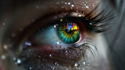 A woman's eye is shown with a rainbow colored iris. The iris is surrounded by water droplets, giving the eye a dreamy, ethereal appearance. The eye is the focal point of the image
