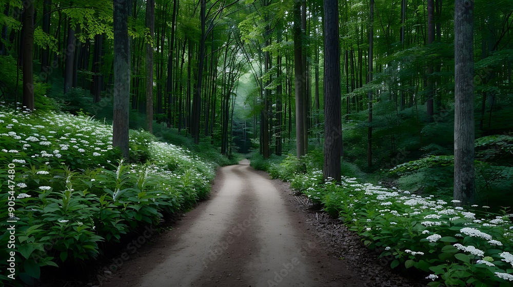 Poster an intricately detailed forest scene with sunlight filtering through dense foliage, casting dappled 