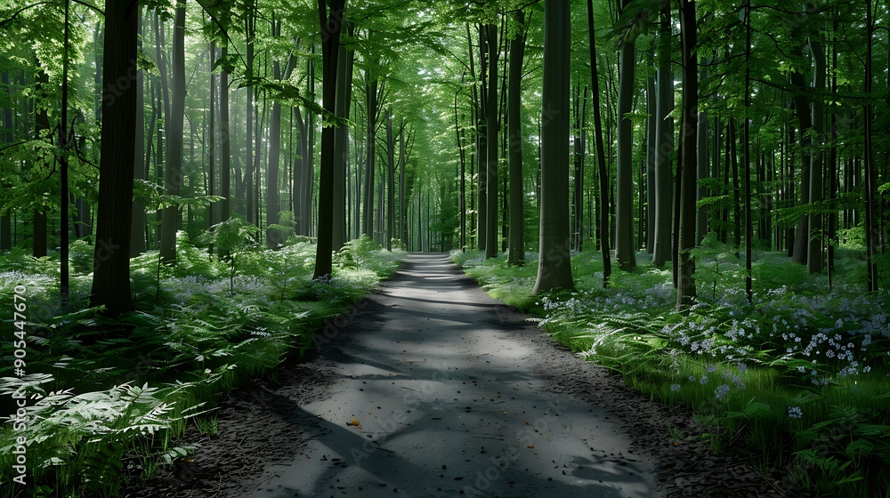 Poster an intricately detailed forest scene with sunlight filtering through dense foliage, casting dappled 
