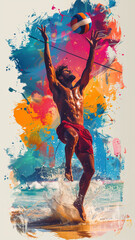 Fototapeta premium Dynamic Beach Volleyball Player Jumping to Spike a Ball Against a Background of Vibrant Colors