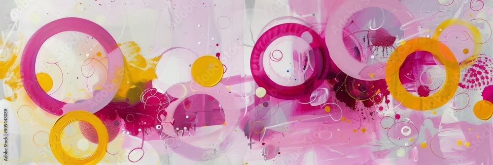 Poster vibrant abstract painting featuring colorful overlapping circles in pink and yellow hues with dynami