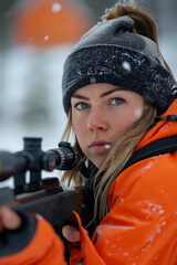 Focused Female Biathlon Athlete Aiming at Targets in a Snowy Shooting Range in Winter