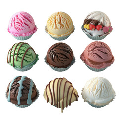 Variety of ice cream scoops on dark background.