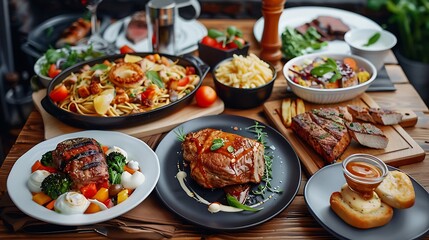 A detailed image of a gourmet meal on a rustic wooden table, featuring a variety of dishes with rich textures and colors. The realistic depiction of the food makes it appear mouthwateringly