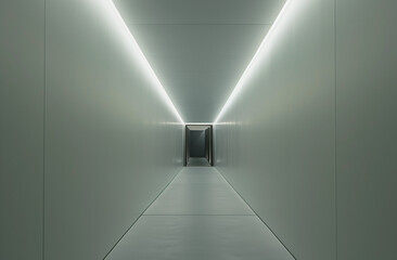 The museum's long corridor features white lighting, sleek walls, minimalistic design, and a reflective floor, creating a clean and modern atmosphere.