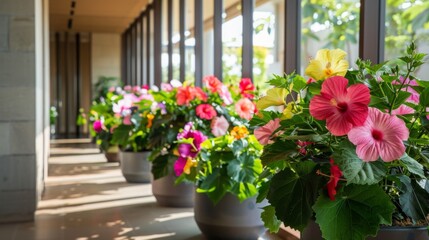 Vibrant hibiscus flowers bloom in large pots along a sunlit corridor, enhancing the indoor ambiance with their bright colors.