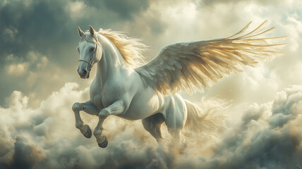 Winged Horse Pegasus Flying Through Cloudy Skies, Epitomizing Divine Inspiration and Heroic Tales from Greek Mythology 