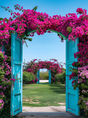 Fototapeta premium The wedding entrance features a door framed with magenta bougainvillea, leading to green grass and a turquoise gate against a blue sky.