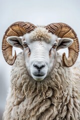 Detailed Close-Up of a Texel Sheep with Curled Horns