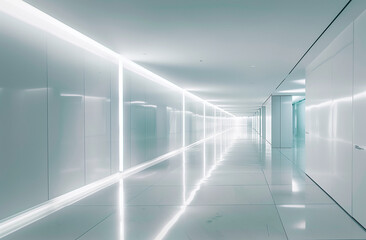 The museum's long corridor features white lighting, sleek walls, minimalistic design, and a reflective floor, creating a clean and modern atmosphere.