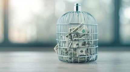 Financial freedom, open cage with bills, 8K.