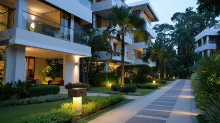 Fototapeta premium Modern apartment complex with lush landscaping and a paved walkway.