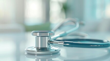 Close-up of a stethoscope on a desk in a medical office.