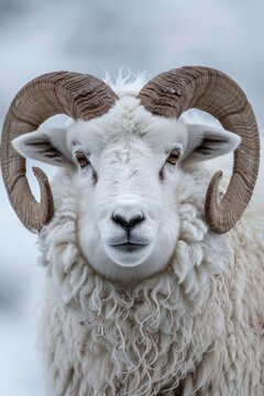 Majestic Awassi ram with curled horns on white background