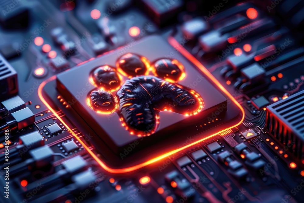 Wall mural paw print on circuit board - cybersecurity and digital security concept
