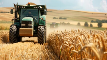 Green tractor driving through a golden wheat field on a sunny day.