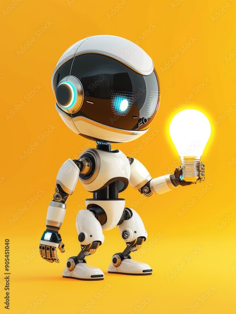 Poster robot holding light bulb on yellow background. white and black android presenting a glowing light bu