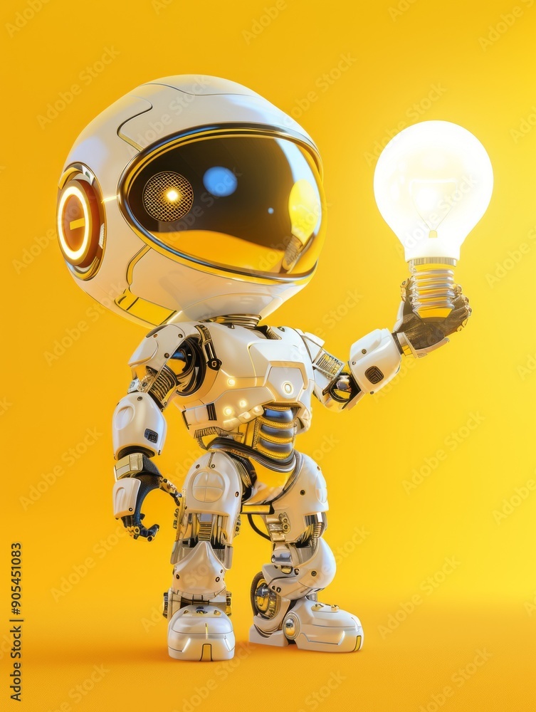 Poster robot holding illuminated light bulb. a white and gold robot illuminates a bright concept with a shi