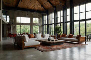A loft living room where a large, open layout is enhanced by a minimalist window and coffee table.
