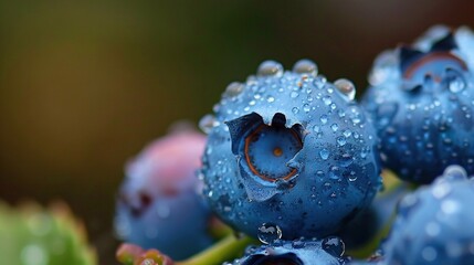  A macro shot of blueberries adorned with dew-kissed foliage and concentrated on the juicy fruit in the focal plane
