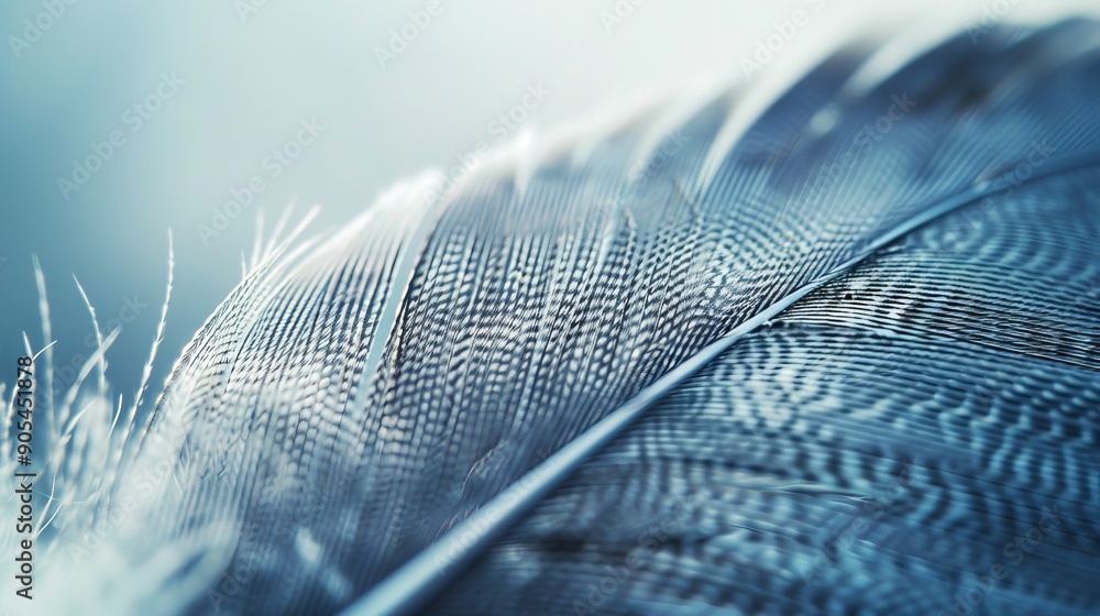Poster detailed bird feather macro. close-up view of a single avian feather, showcasing the intricate patte